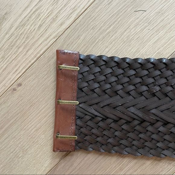 Woven brown leather belt with hooks | S - XS - Picture 3 of 8